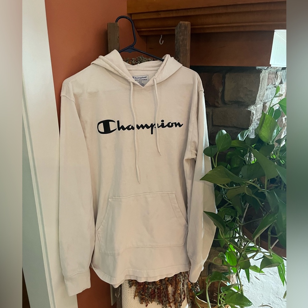 Champion Off White Hooded long sleeved tshirt with Black Logo